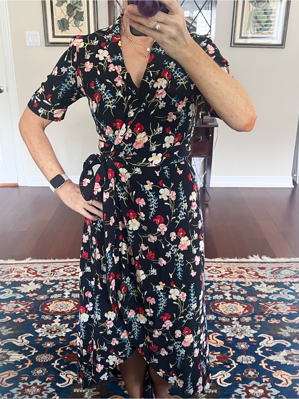 Equipment Silk Navy Floral Wrap Dress with Tie Waist
